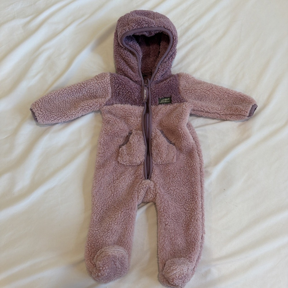 Eddie Bauer Baby Bunting Snow Suit 3-6 Month Pink Fleece Full Zip Hooded Sherpa
